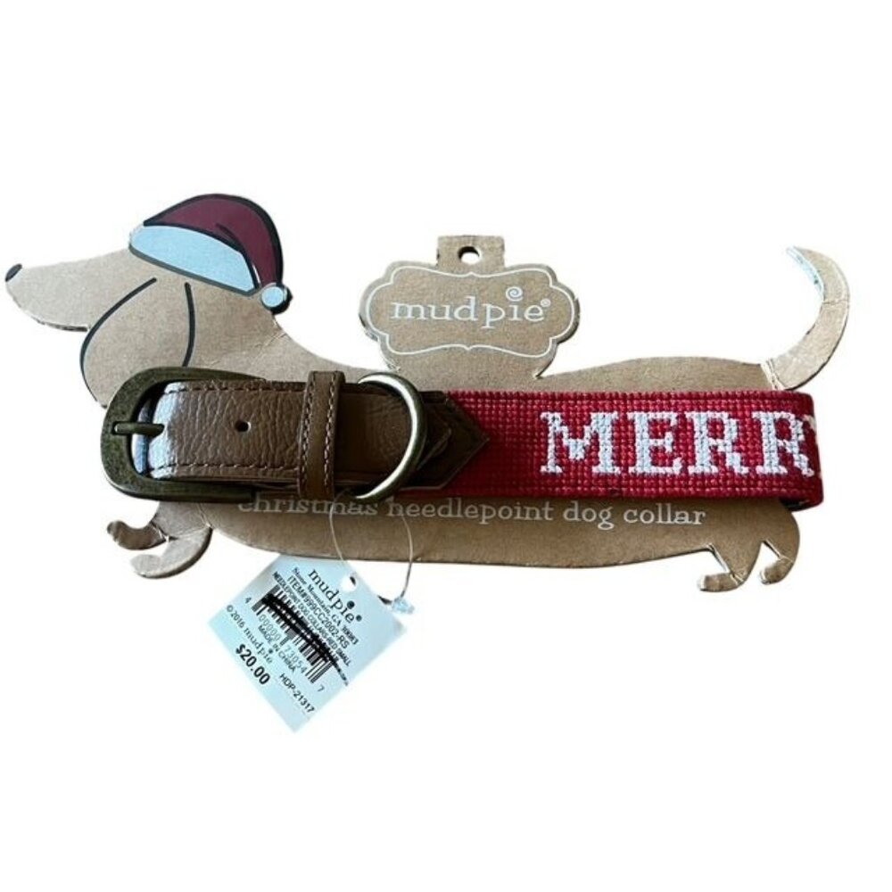 Mud Pie Small Christmas "Merry" Text Needlepoint Dog Collar New